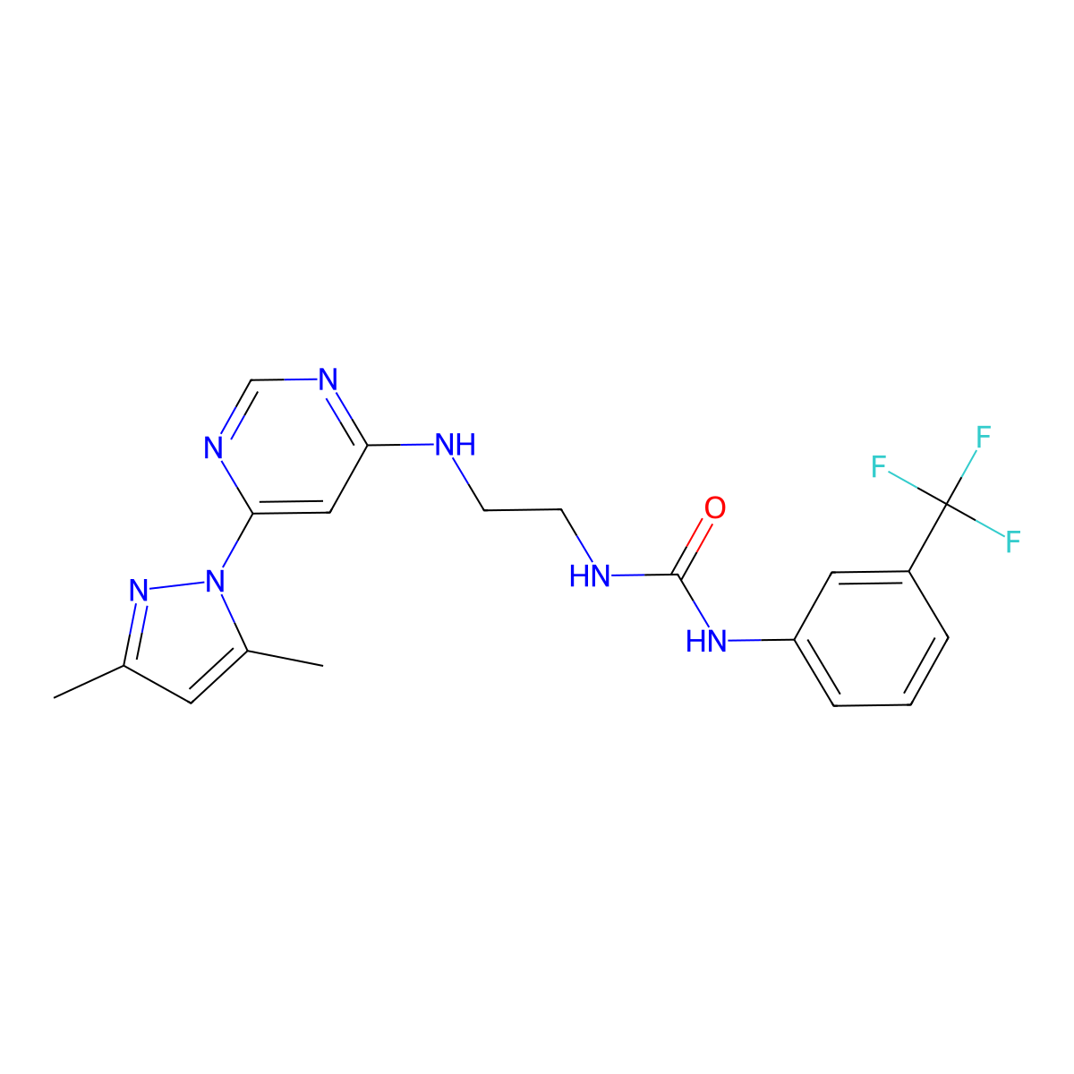 1-(2-((6-(3,5-dimethyl-1H-pyrazol-1-yl)pyrimidin-4-yl)amino)ethyl)-3-(3-(trifluoromethyl)phenyl)urea molecular structure, CAS 1172251-51-2