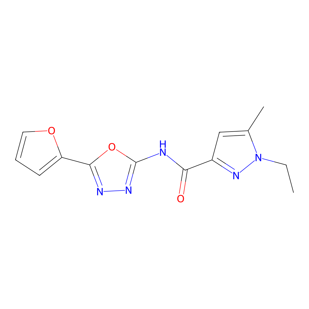 1-ethyl-N-[5-(furan-2-yl)-1,3,4-oxadiazol-2-yl]-5-methyl-1H-pyrazole-3-carboxamide molecular structure, CAS 1172252-42-4