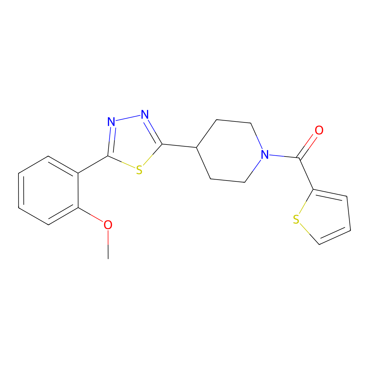 4-[5-(2-Methoxyphenyl)-1,3,4-thiadiazol-2-yl]-1-(thiophene-2-carbonyl)piperidine molecular structure, CAS 1172253-03-0