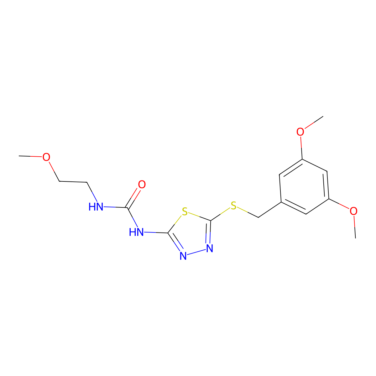 1-(5-((3,5-Dimethoxybenzyl)thio)-1,3,4-thiadiazol-2-yl)-3-(2-methoxyethyl)urea molecular structure, CAS 1172253-39-2