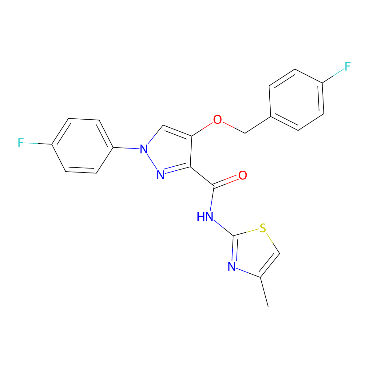 4-((4-fluorobenzyl)oxy)-1-(4-fluorophenyl)-N-(4-methylthiazol-2-yl)-1H-pyrazole-3-carboxamide molecular structure, CAS 1172255-33-2