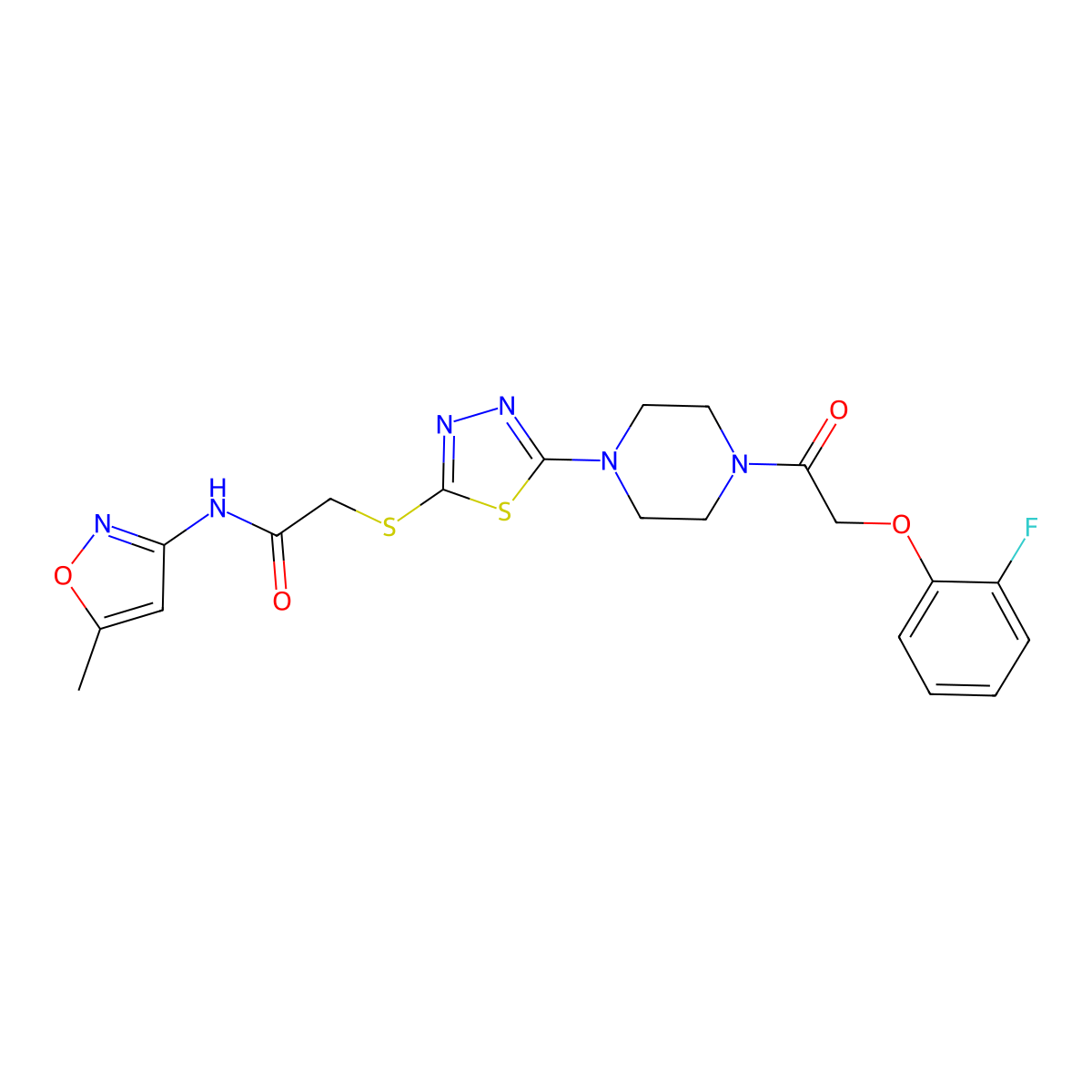 2-((5-(4-(2-(2-fluorophenoxy)acetyl)piperazin-1-yl)-1,3,4-thiadiazol-2-yl)thio)-N-(5-methylisoxazol-3-yl)acetamide molecular structure, CAS 1172255-64-9
