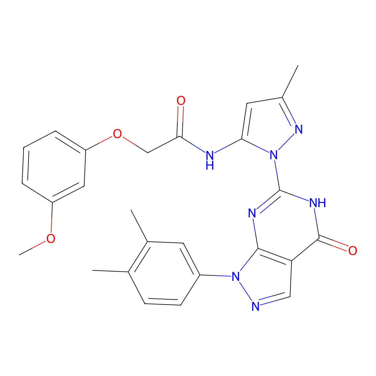 N-(1-(1-(3,4-dimethylphenyl)-4-oxo-4,5-dihydro-1H-pyrazolo[3,4-d]pyrimidin-6-yl)-3-methyl-1H-pyrazol-5-yl)-2-(3-methoxyphenoxy)acetamide molecular structure, CAS 1172256-85-7