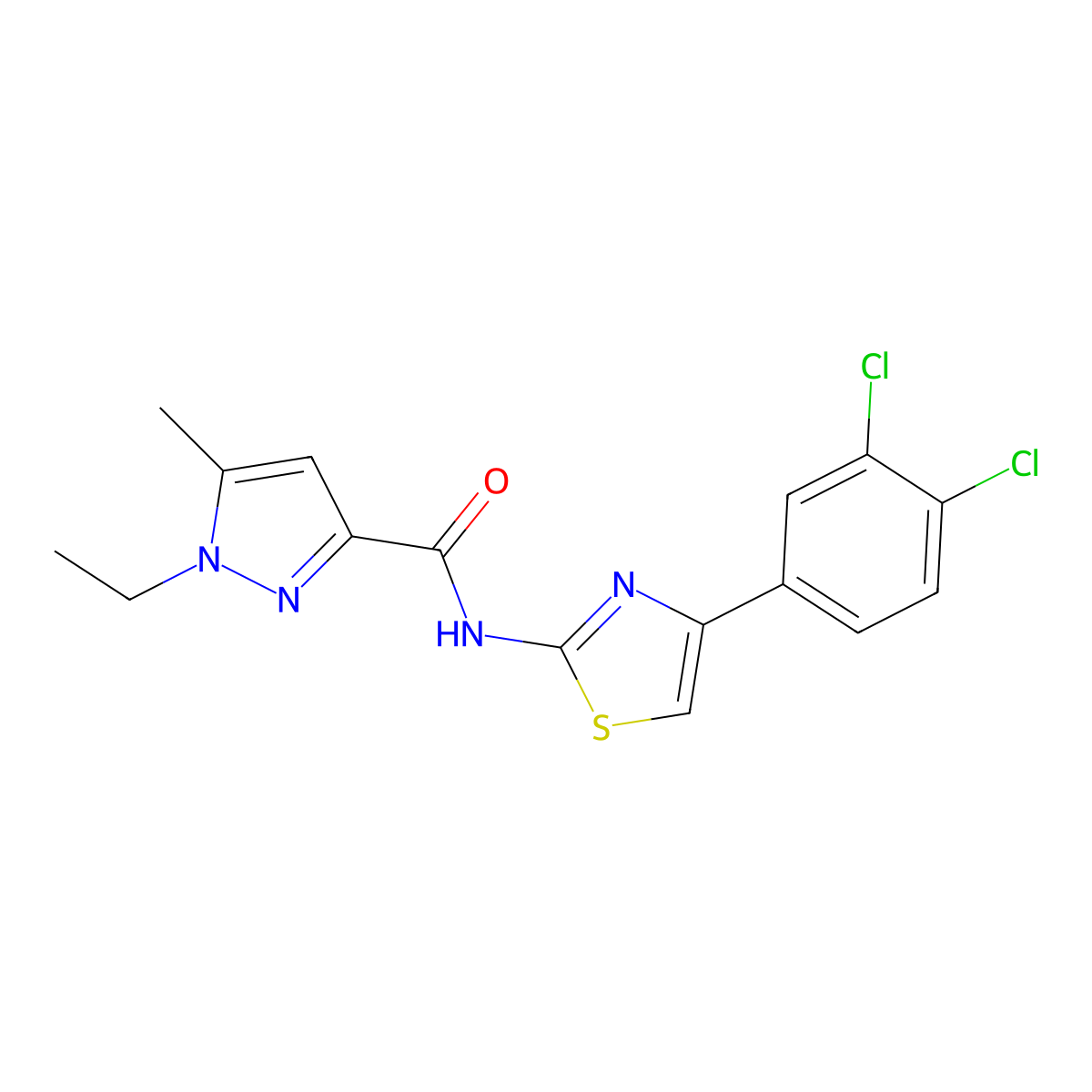 N-(4-(3,4-dichlorophenyl)thiazol-2-yl)-1-ethyl-5-methyl-1H-pyrazole-3-carboxamide molecular structure, CAS 1172258-30-8