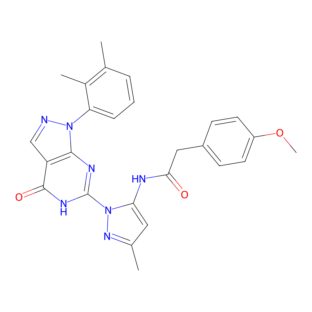 N-(1-(1-(2,3-dimethylphenyl)-4-oxo-4,5-dihydro-1H-pyrazolo[3,4-d]pyrimidin-6-yl)-3-methyl-1H-pyrazol-5-yl)-2-(4-methoxyphenyl)acetamide molecular structure, CAS 1172258-42-2