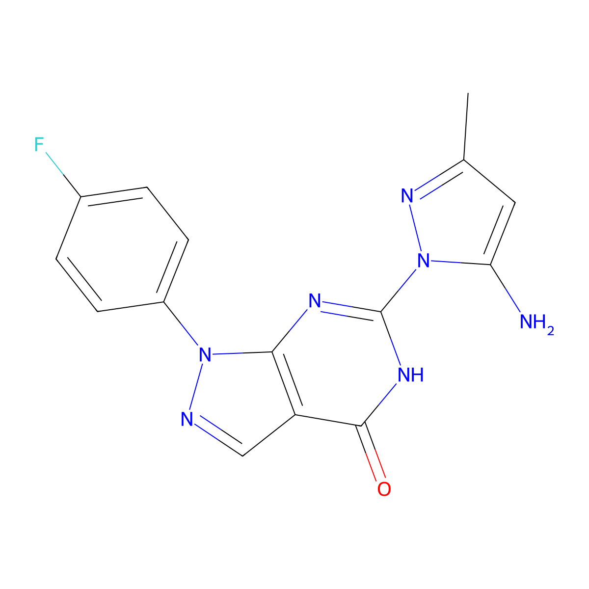 6-(5-amino-3-methyl-1H-pyrazol-1-yl)-1-(4-fluorophenyl)-1H-pyrazolo[3,4-d]pyrimidin-4(5H)-one molecular structure, CAS 1172258-73-9