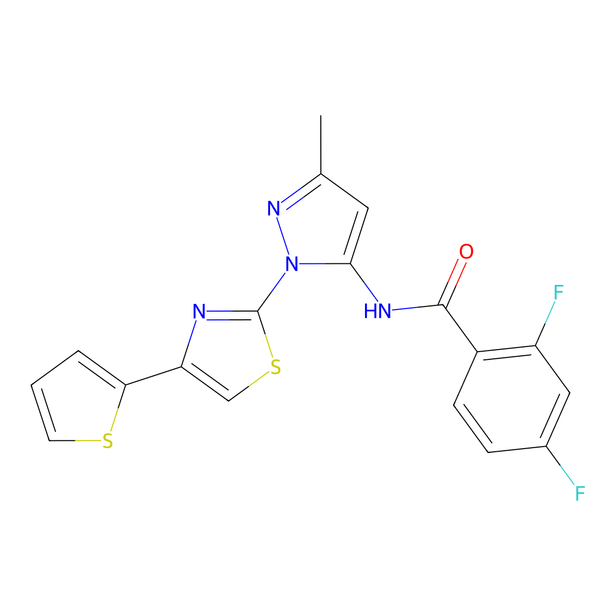 2,4-difluoro-N-(3-methyl-1-(4-(thiophen-2-yl)thiazol-2-yl)-1H-pyrazol-5-yl)benzamide molecular structure, CAS 1172259-04-9