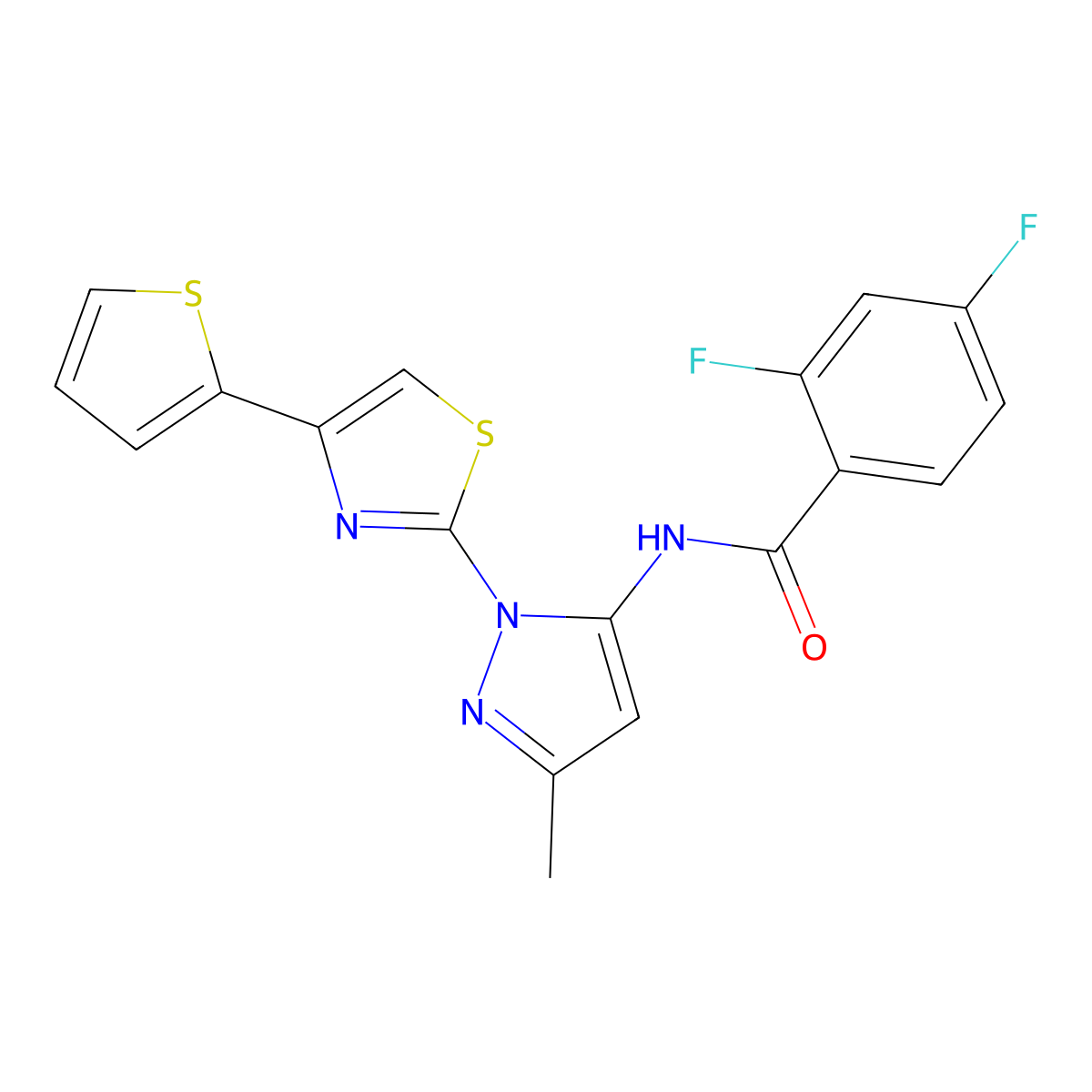 2,4-difluoro-N-(3-methyl-1-(4-(thiophen-2-yl)thiazol-2-yl)-1H-pyrazol-5-yl)benzamide molecular structure, CAS 1172259-04-9