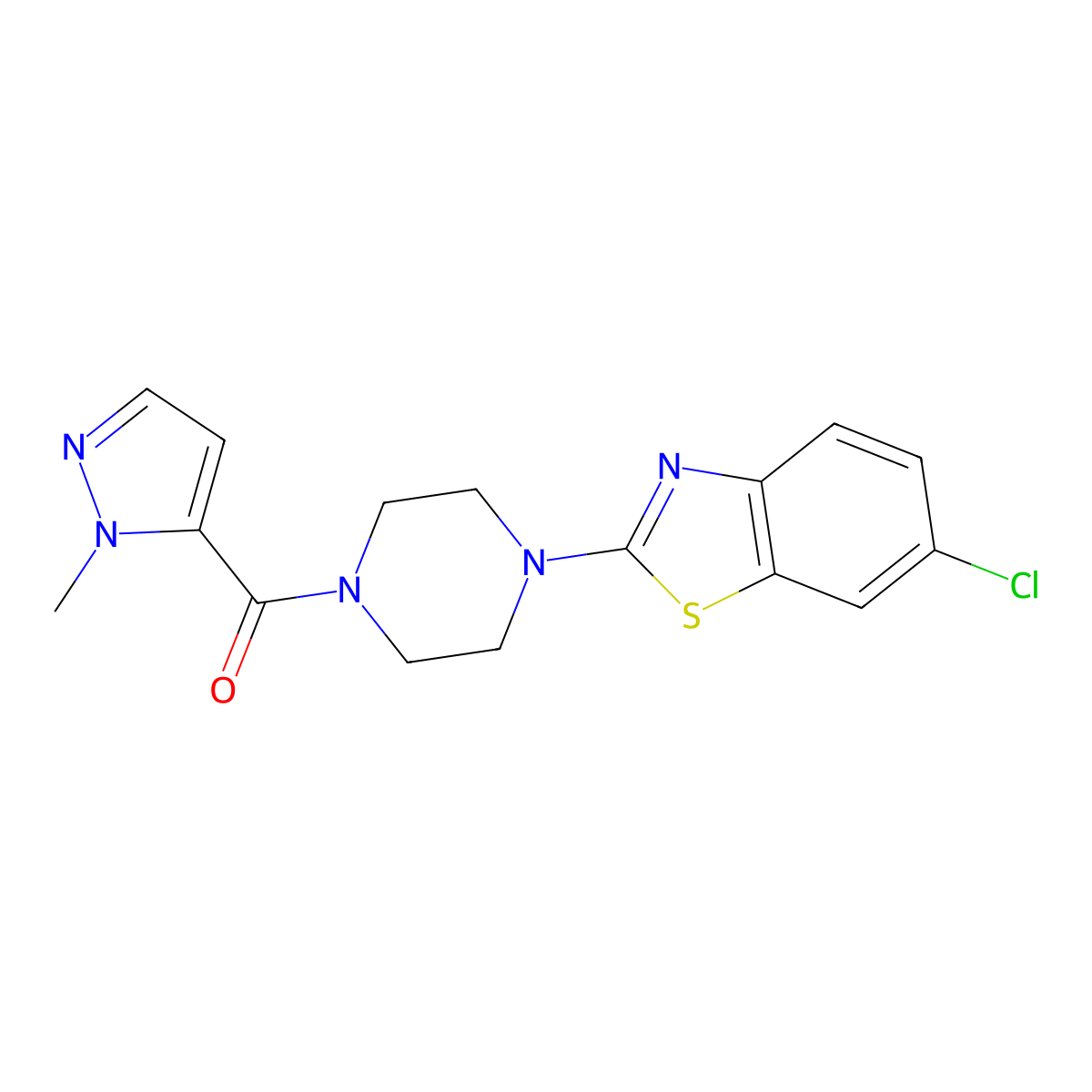 6-chloro-2-[4-(1-methyl-1H-pyrazole-5-carbonyl)piperazin-1-yl]-1,3-benzothiazole molecular structure, CAS 1172260-91-1