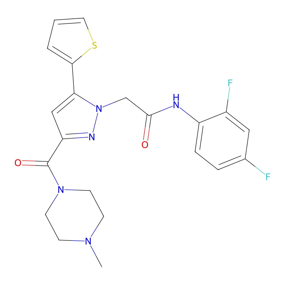 N-(2,4-difluorophenyl)-2-(3-(4-methylpiperazine-1-carbonyl)-5-(thiophen-2-yl)-1H-pyrazol-1-yl)acetamide molecular structure, CAS 1172261-16-3