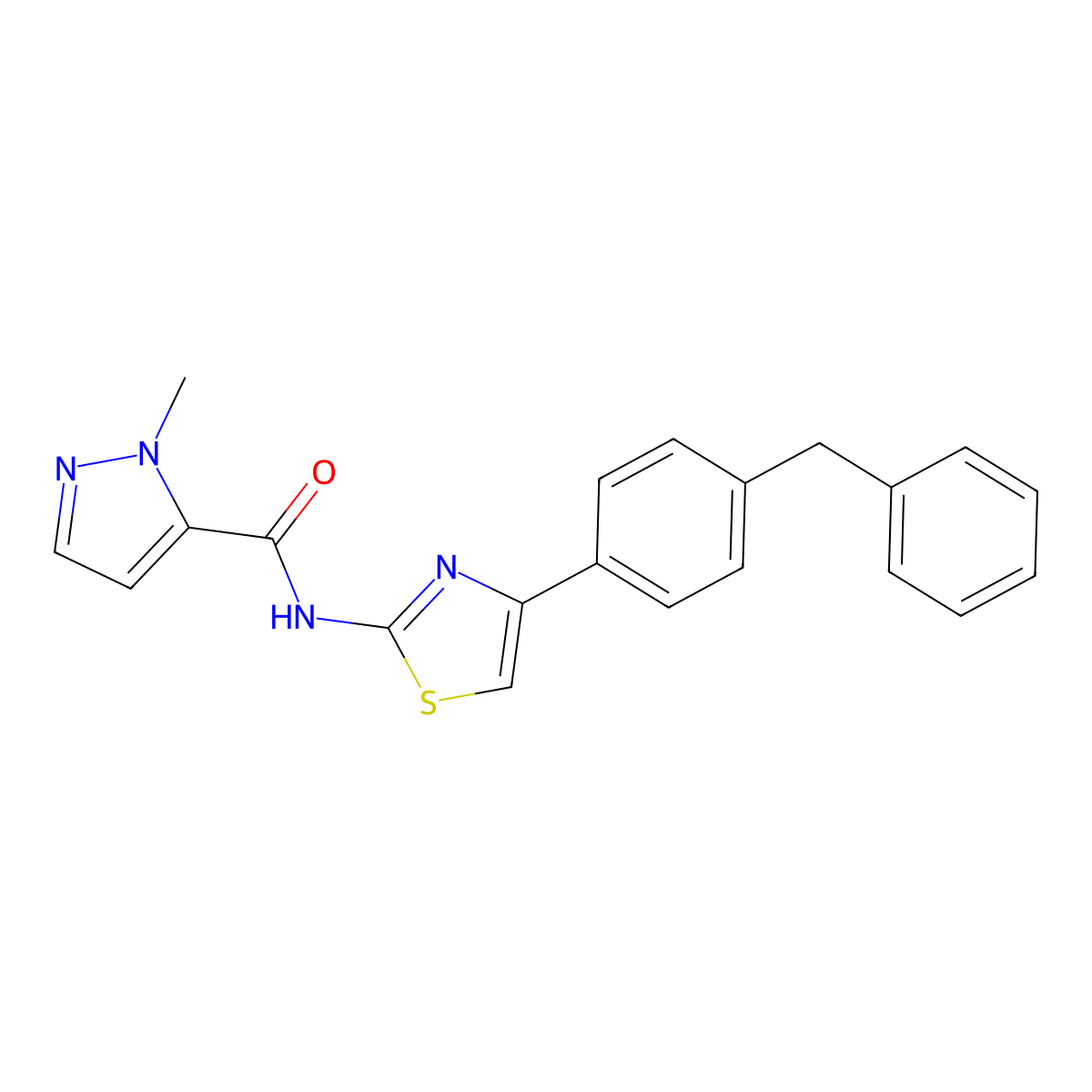 N-(4-(4-benzylphenyl)thiazol-2-yl)-1-methyl-1H-pyrazole-5-carboxamide molecular structure, CAS 1172262-74-6