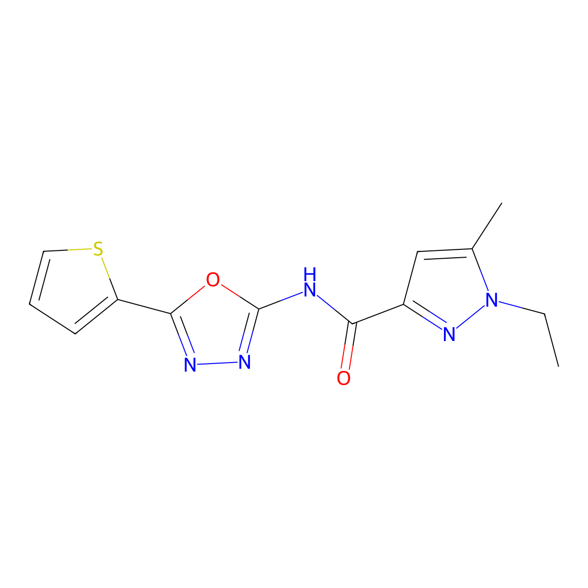 1-ethyl-5-methyl-N-[5-(thiophen-2-yl)-1,3,4-oxadiazol-2-yl]-1H-pyrazole-3-carboxamide molecular structure, CAS 1172262-84-8