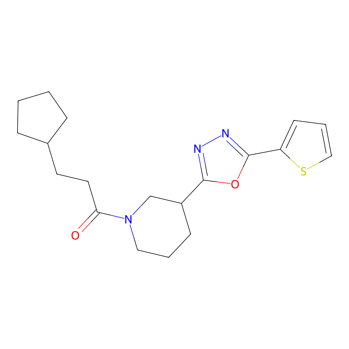 3-Cyclopentyl-1-{3-[5-(thiophen-2-yl)-1,3,4-oxadiazol-2-yl]piperidin-1-yl}propan-1-one molecular structure, CAS 1172264-07-1
