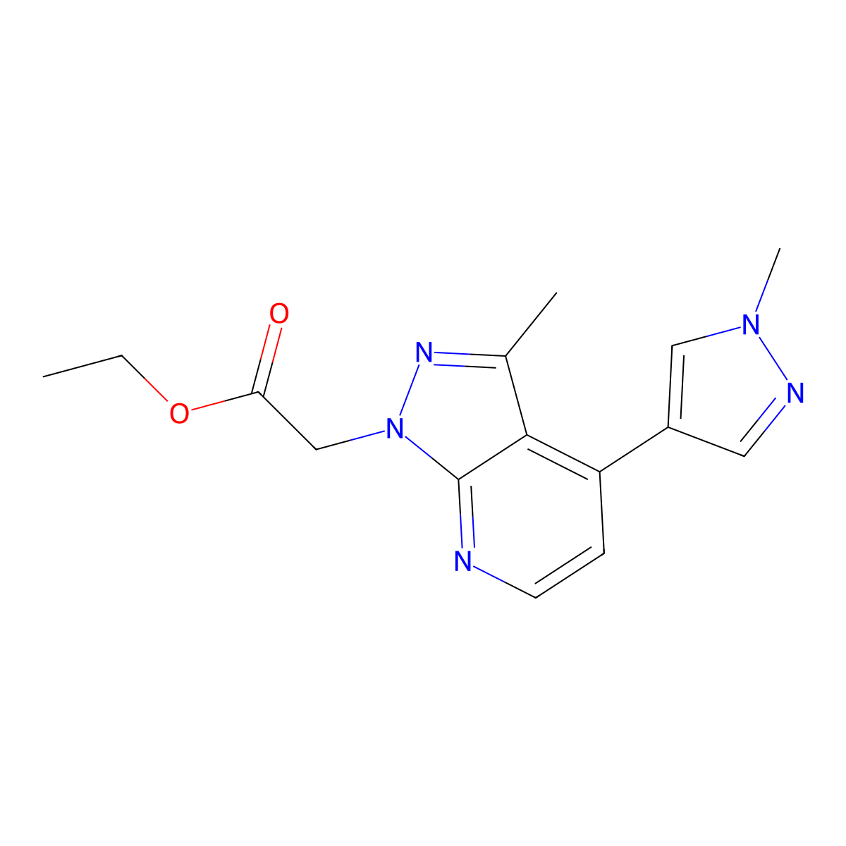 Ethyl 2-(3-methyl-4-(1-methyl-1H-pyrazol-4-yl)-1H-pyrazolo[3,4-b]pyridin-1-yl)acetate molecular structure, CAS 1172264-66-2