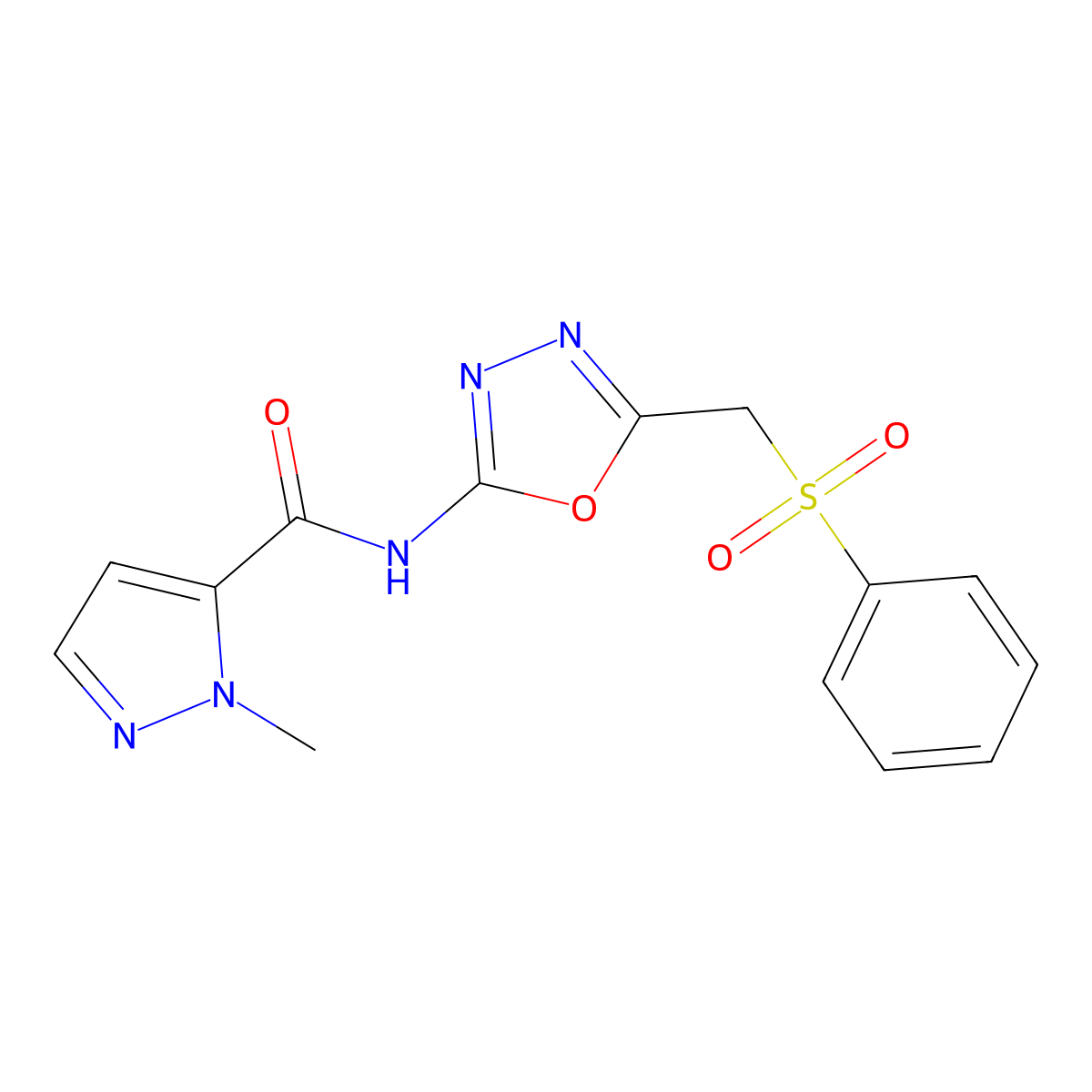 1-methyl-N-(5-((phenylsulfonyl)methyl)-1,3,4-oxadiazol-2-yl)-1H-pyrazole-5-carboxamide molecular structure, CAS 1172265-49-4