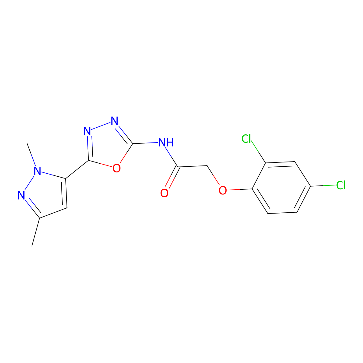 2-(2,4-dichlorophenoxy)-N-[5-(1,3-dimethyl-1H-pyrazol-5-yl)-1,3,4-oxadiazol-2-yl]acetamide molecular structure, CAS 1172266-28-2