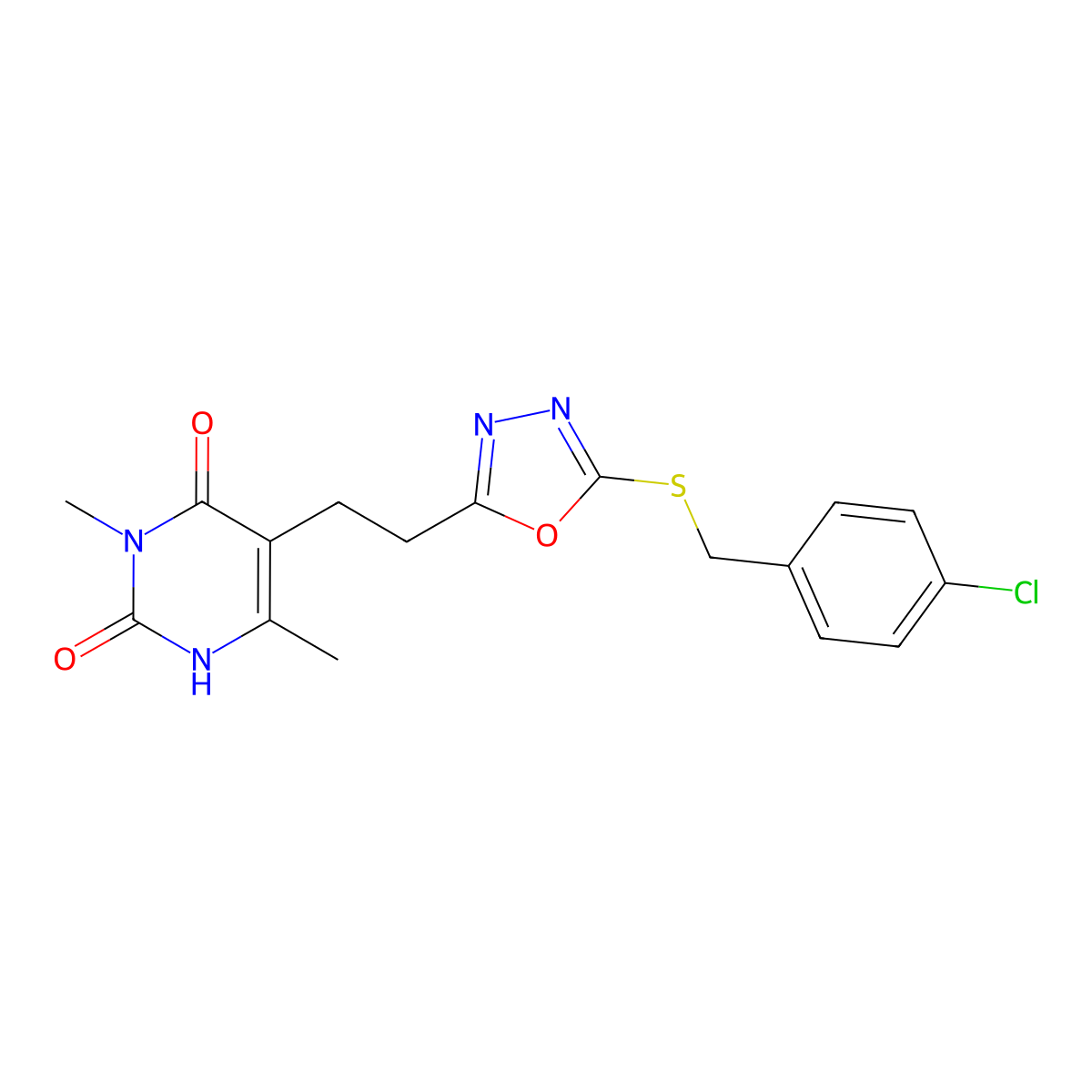 5-(2-(5-((4-chlorobenzyl)thio)-1,3,4-oxadiazol-2-yl)ethyl)-3,6-dimethylpyrimidine-2,4(1H,3H)-dione molecular structure, CAS 1172266-44-2