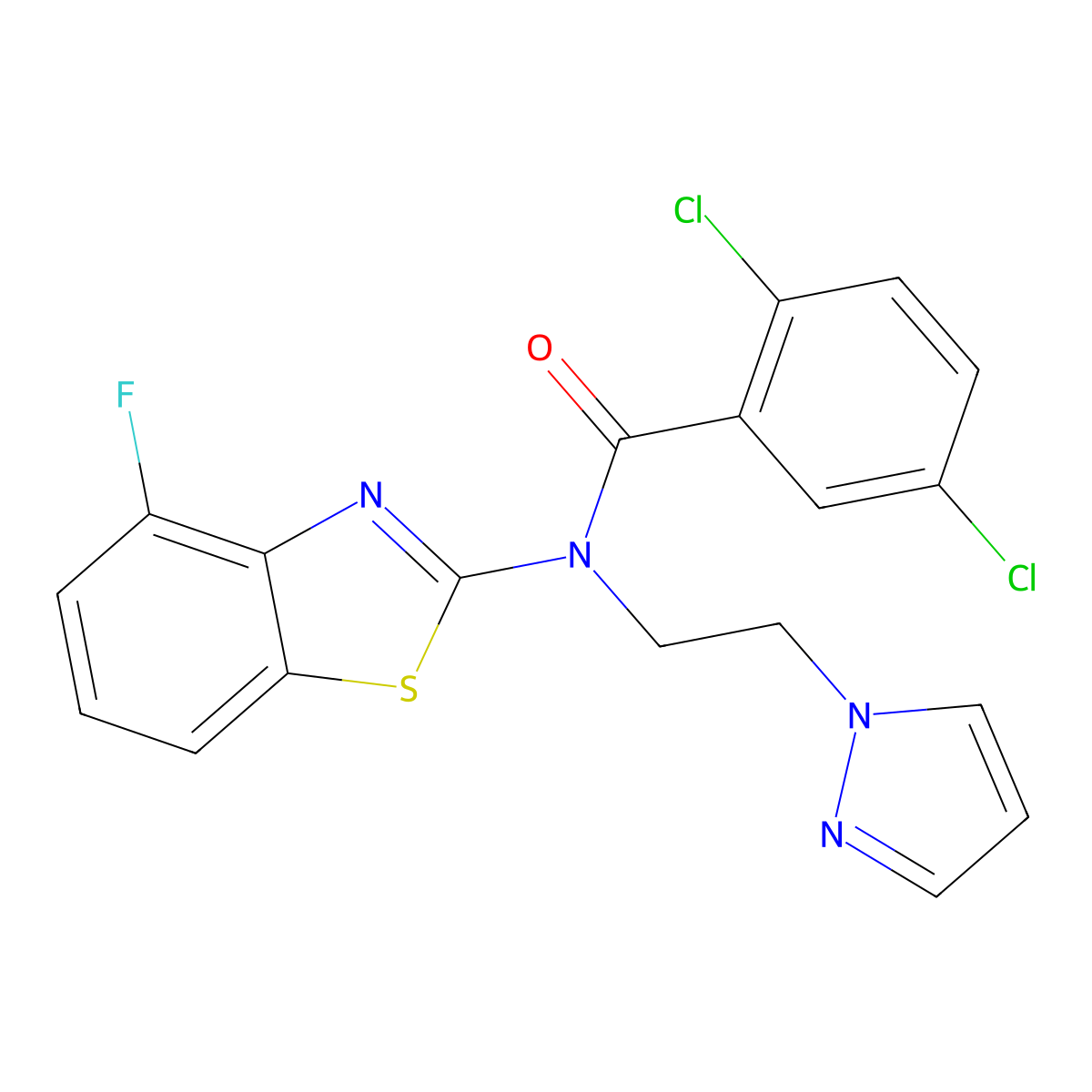 N-(2-(1H-pyrazol-1-yl)ethyl)-2,5-dichloro-N-(4-fluorobenzo[d]thiazol-2-yl)benzamide molecular structure, CAS 1172266-53-3