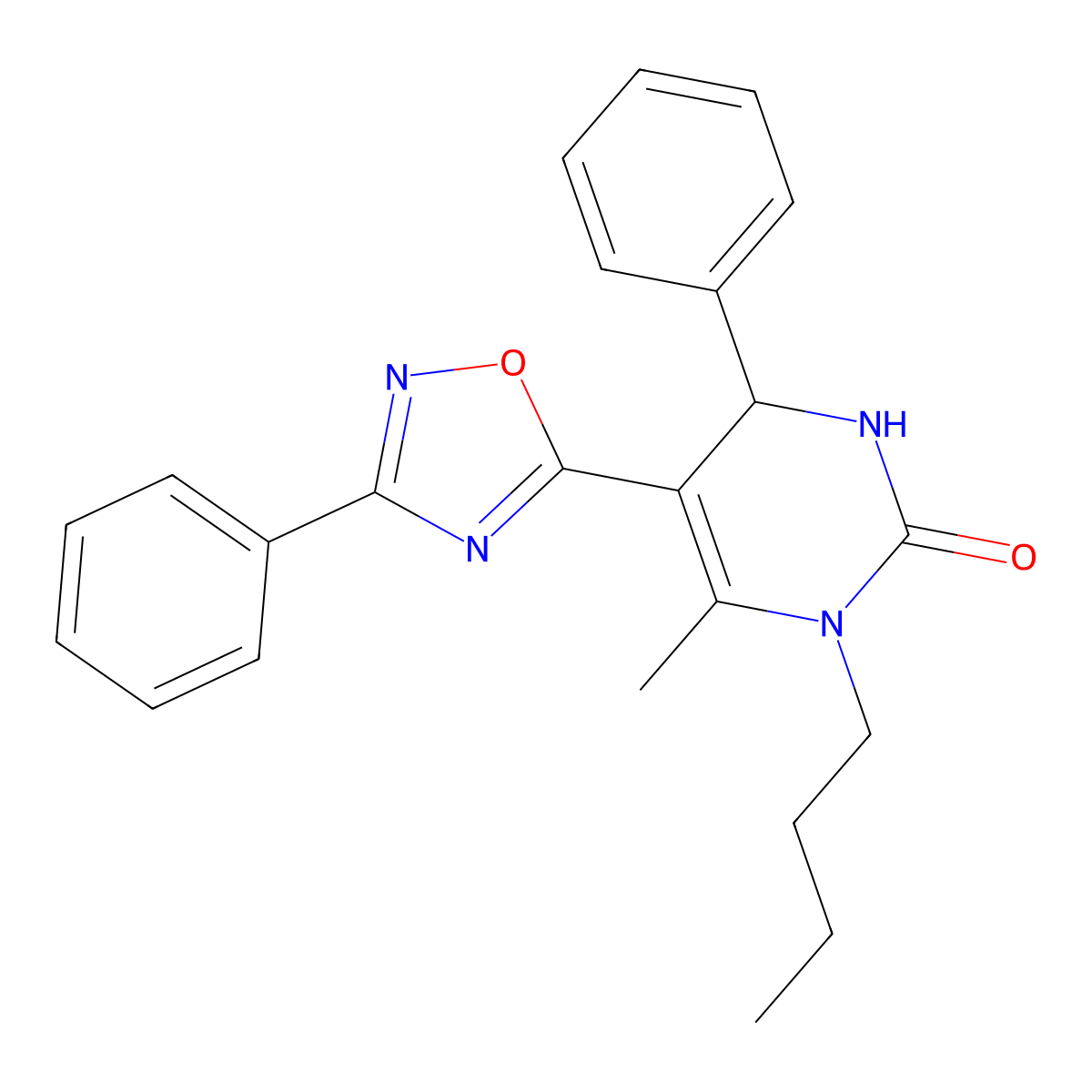 1-butyl-6-methyl-4-phenyl-5-(3-phenyl-1,2,4-oxadiazol-5-yl)-3,4-dihydropyrimidin-2(1H)-one molecular structure, CAS 1172266-81-7