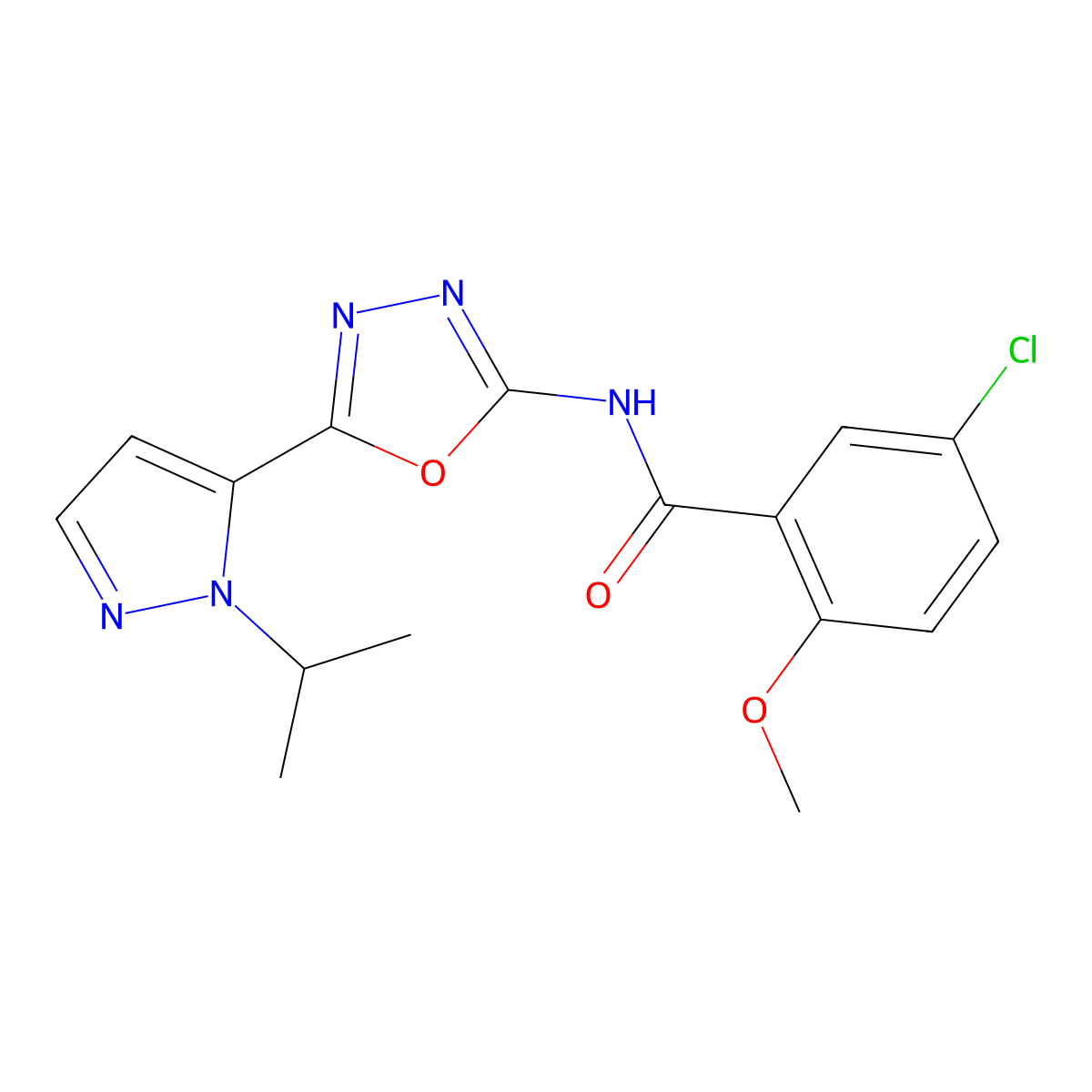 5-chloro-N-(5-(1-isopropyl-1H-pyrazol-5-yl)-1,3,4-oxadiazol-2-yl)-2-methoxybenzamide molecular structure, CAS 1172266-89-5