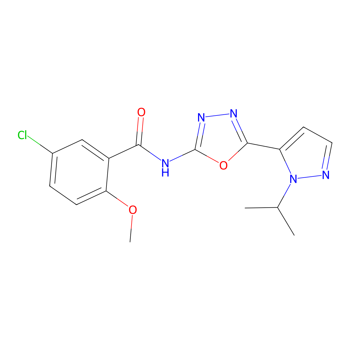 5-chloro-N-(5-(1-isopropyl-1H-pyrazol-5-yl)-1,3,4-oxadiazol-2-yl)-2-methoxybenzamide molecular structure, CAS 1172266-89-5