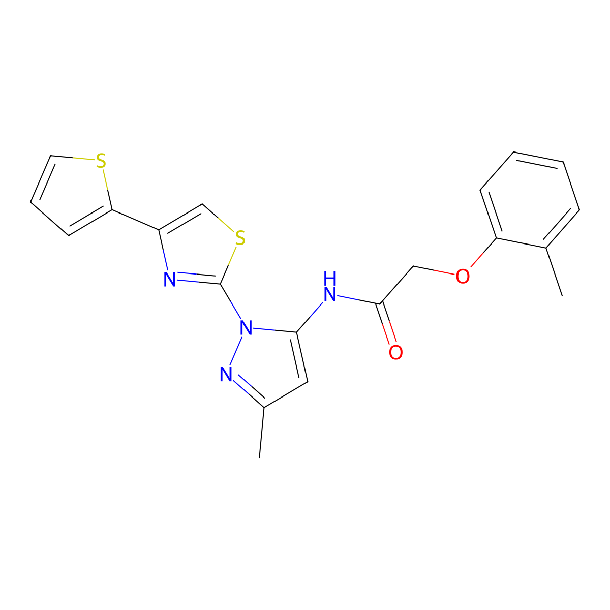 N-(3-methyl-1-(4-(thiophen-2-yl)thiazol-2-yl)-1H-pyrazol-5-yl)-2-(o-tolyloxy)acetamide molecular structure, CAS 1172267-97-8
