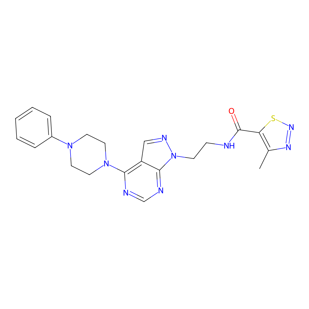4-methyl-N-(2-(4-(4-phenylpiperazin-1-yl)-1H-pyrazolo[3,4-d]pyrimidin-1-yl)ethyl)-1,2,3-thiadiazole-5-carboxamide molecular structure, CAS 1172271-67-8