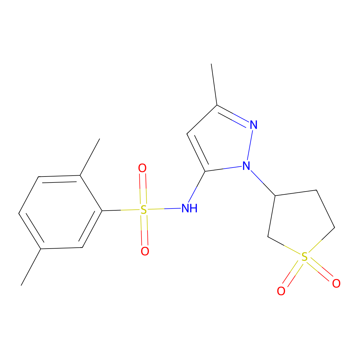 N-(1-(1,1-dioxidotetrahydrothiophen-3-yl)-3-methyl-1H-pyrazol-5-yl)-2,5-dimethylbenzenesulfonamide molecular structure, CAS 1172274-91-7