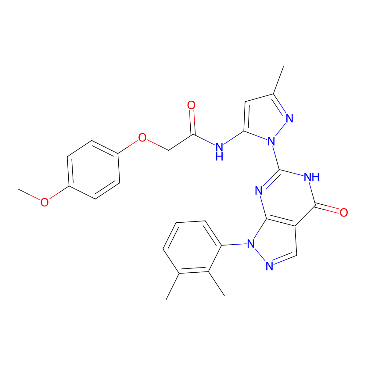 N-(1-(1-(2,3-dimethylphenyl)-4-oxo-4,5-dihydro-1H-pyrazolo[3,4-d]pyrimidin-6-yl)-3-methyl-1H-pyrazol-5-yl)-2-(4-methoxyphenoxy)acetamide molecular structure, CAS 1172276-70-8