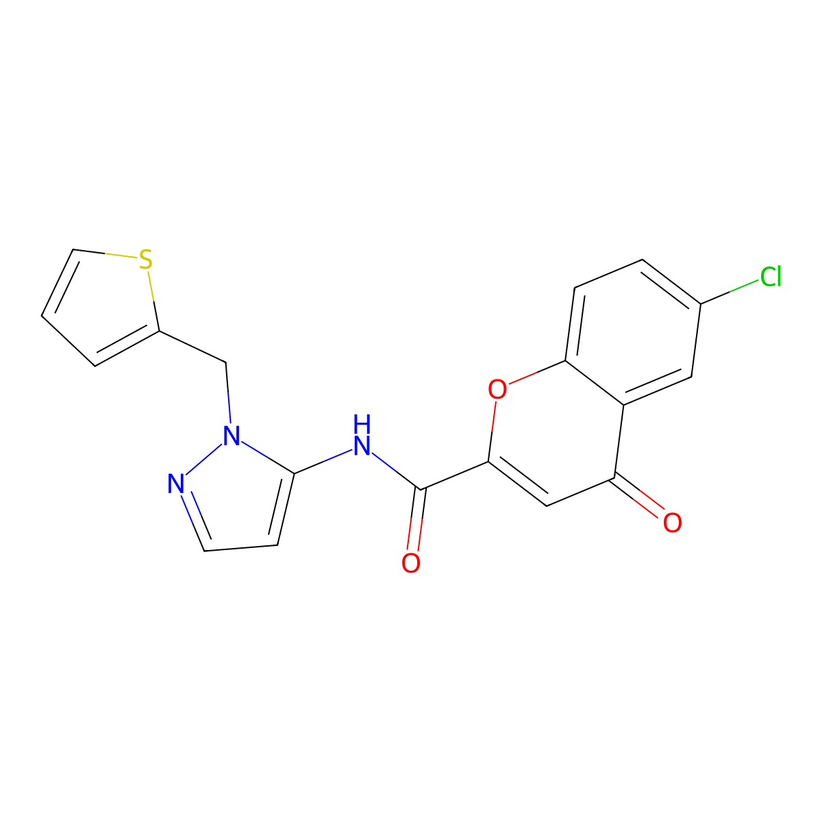 6-chloro-4-oxo-N-[1-(thiophen-2-ylmethyl)-1H-pyrazol-5-yl]-4H-chromene-2-carboxamide molecular structure, CAS 1172277-78-9