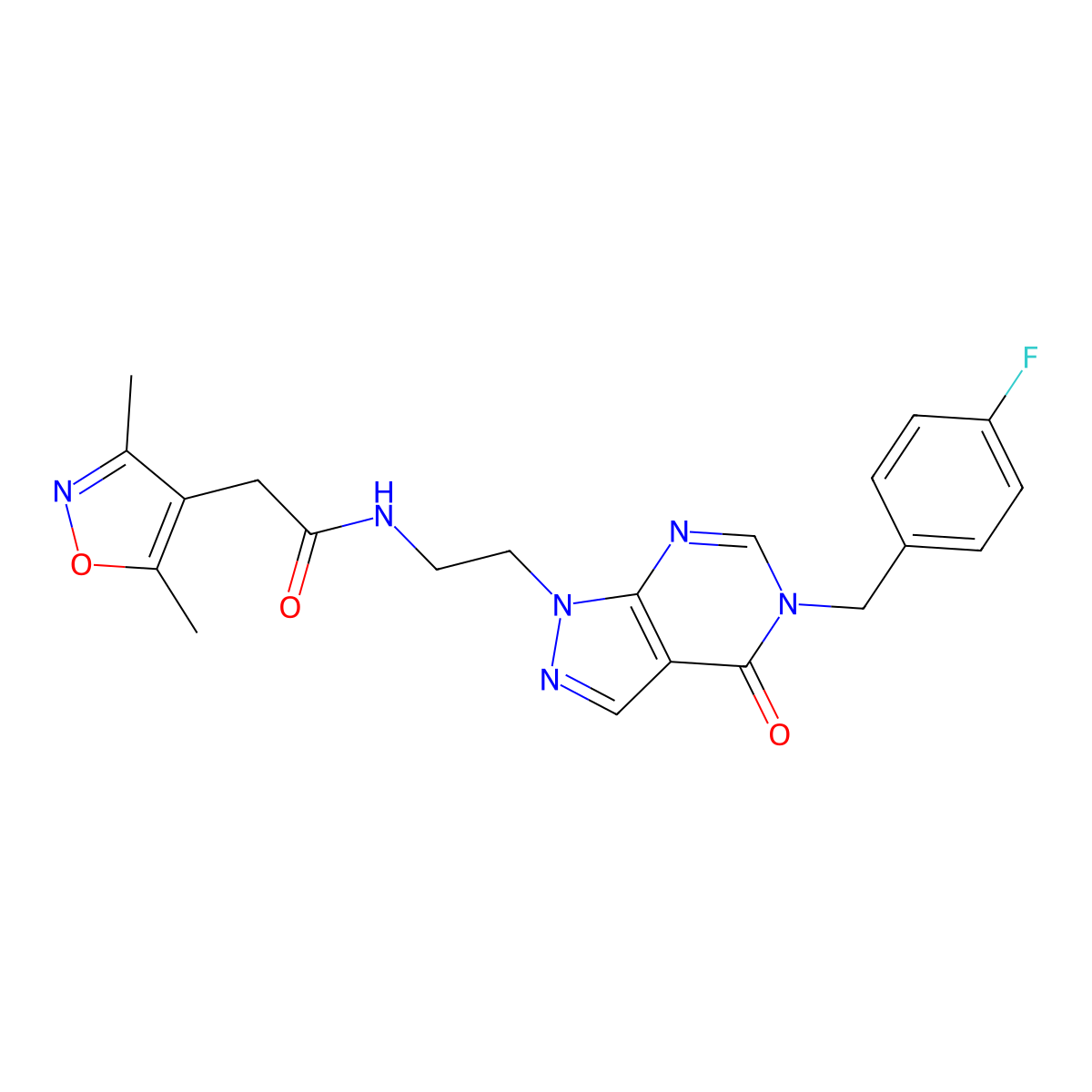 2-(3,5-dimethylisoxazol-4-yl)-N-(2-(5-(4-fluorobenzyl)-4-oxo-4,5-dihydro-1H-pyrazolo[3,4-d]pyrimidin-1-yl)ethyl)acetamide molecular structure, CAS 1172282-65-3