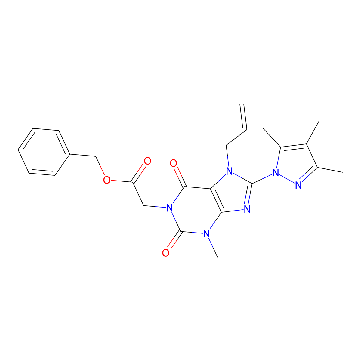 benzyl 2-[3-methyl-2,6-dioxo-7-(prop-2-en-1-yl)-8-(3,4,5-trimethyl-1H-pyrazol-1-yl)-2,3,6,7-tetrahydro-1H-purin-1-yl]acetate molecular structure, CAS 1172283-03-2