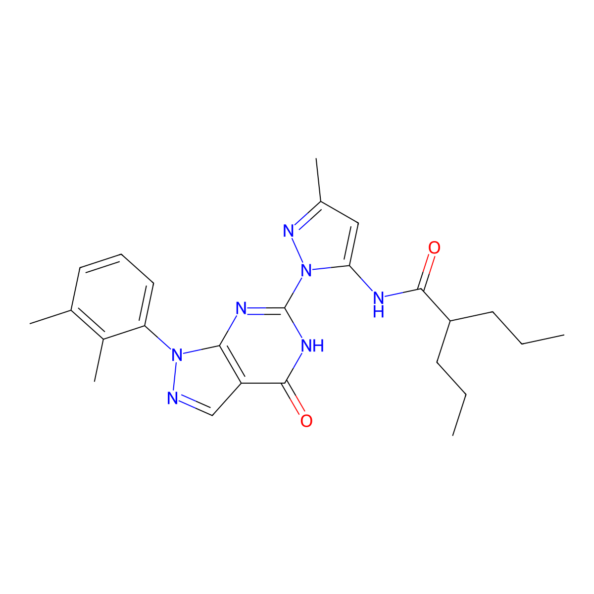 N-(1-(1-(2,3-dimethylphenyl)-4-oxo-4,5-dihydro-1H-pyrazolo[3,4-d]pyrimidin-6-yl)-3-methyl-1H-pyrazol-5-yl)-2-propylpentanamide molecular structure, CAS 1172283-52-1