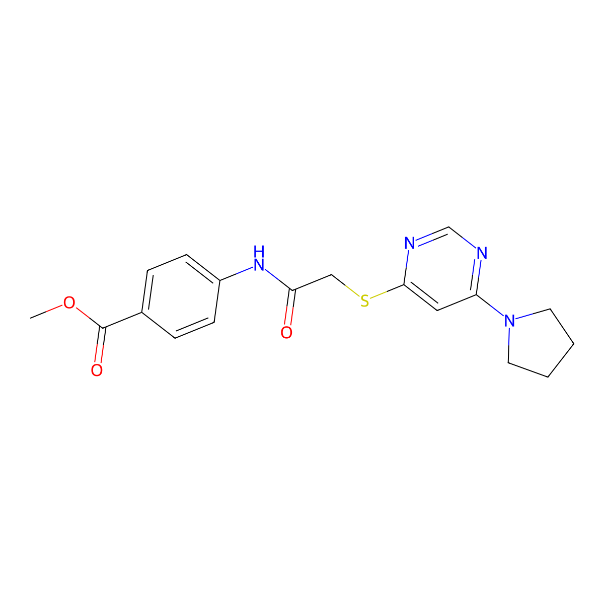 Methyl 4-(2-((6-(pyrrolidin-1-yl)pyrimidin-4-yl)thio)acetamido)benzoate molecular structure, CAS 1172284-61-5