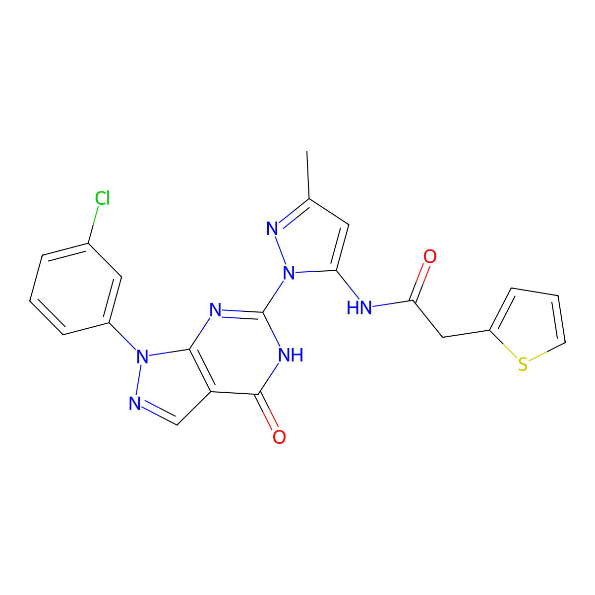 N-(1-(1-(3-chlorophenyl)-4-oxo-4,5-dihydro-1H-pyrazolo[3,4-d]pyrimidin-6-yl)-3-methyl-1H-pyrazol-5-yl)-2-(thiophen-2-yl)acetamide molecular structure, CAS 1172284-66-0