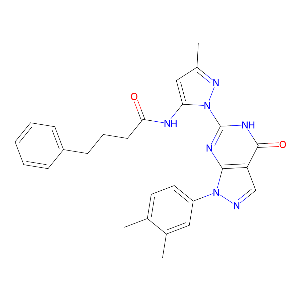 N-(1-(1-(3,4-dimethylphenyl)-4-oxo-4,5-dihydro-1H-pyrazolo[3,4-d]pyrimidin-6-yl)-3-methyl-1H-pyrazol-5-yl)-4-phenylbutanamide molecular structure, CAS 1172286-98-4