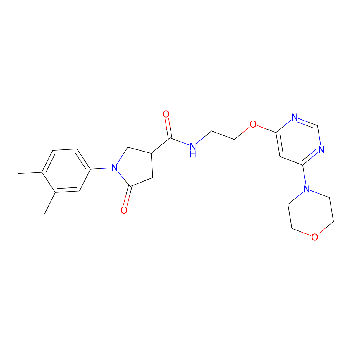 1-(3,4-dimethylphenyl)-N-(2-((6-morpholinopyrimidin-4-yl)oxy)ethyl)-5-oxopyrrolidine-3-carboxamide molecular structure, CAS 1172288-67-3