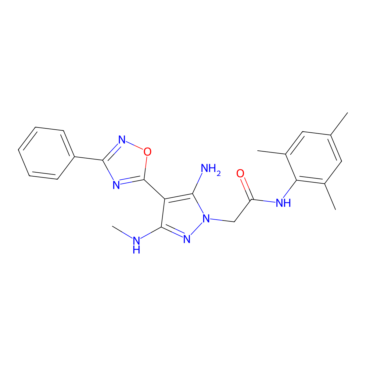 2-(5-amino-3-(methylamino)-4-(3-phenyl-1,2,4-oxadiazol-5-yl)-1H-pyrazol-1-yl)-N-mesitylacetamide molecular structure, CAS 1172289-31-4