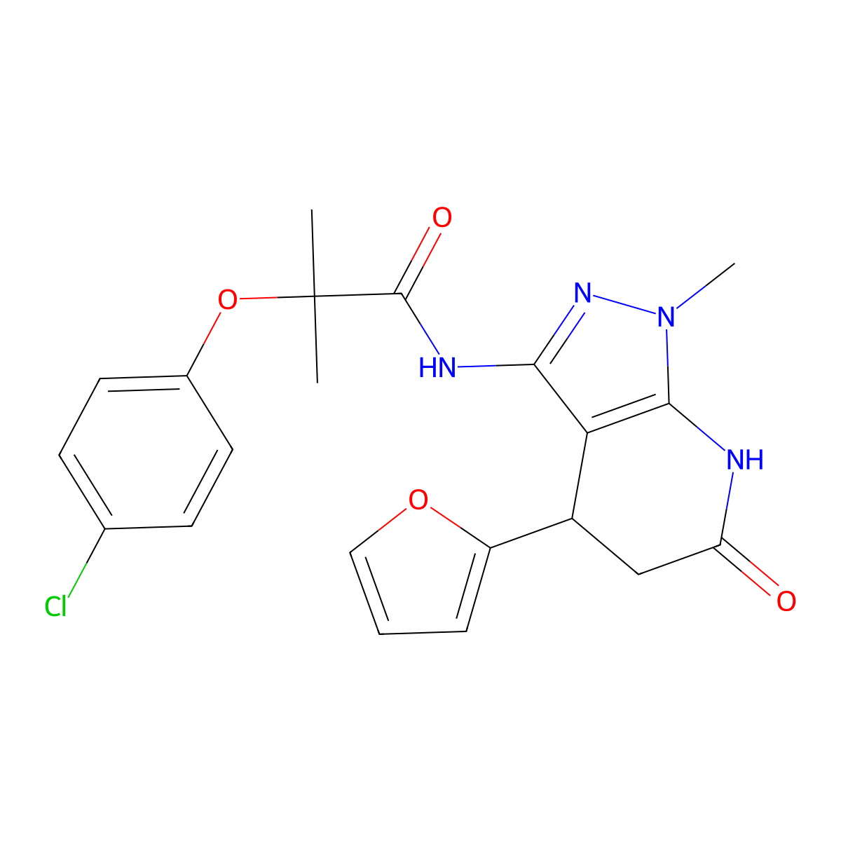 2-(4-chlorophenoxy)-N-[4-(furan-2-yl)-1-methyl-6-oxo-1H,4H,5H,6H,7H-pyrazolo[3,4-b]pyridin-3-yl]-2-methylpropanamide molecular structure, CAS 1172290-50-4