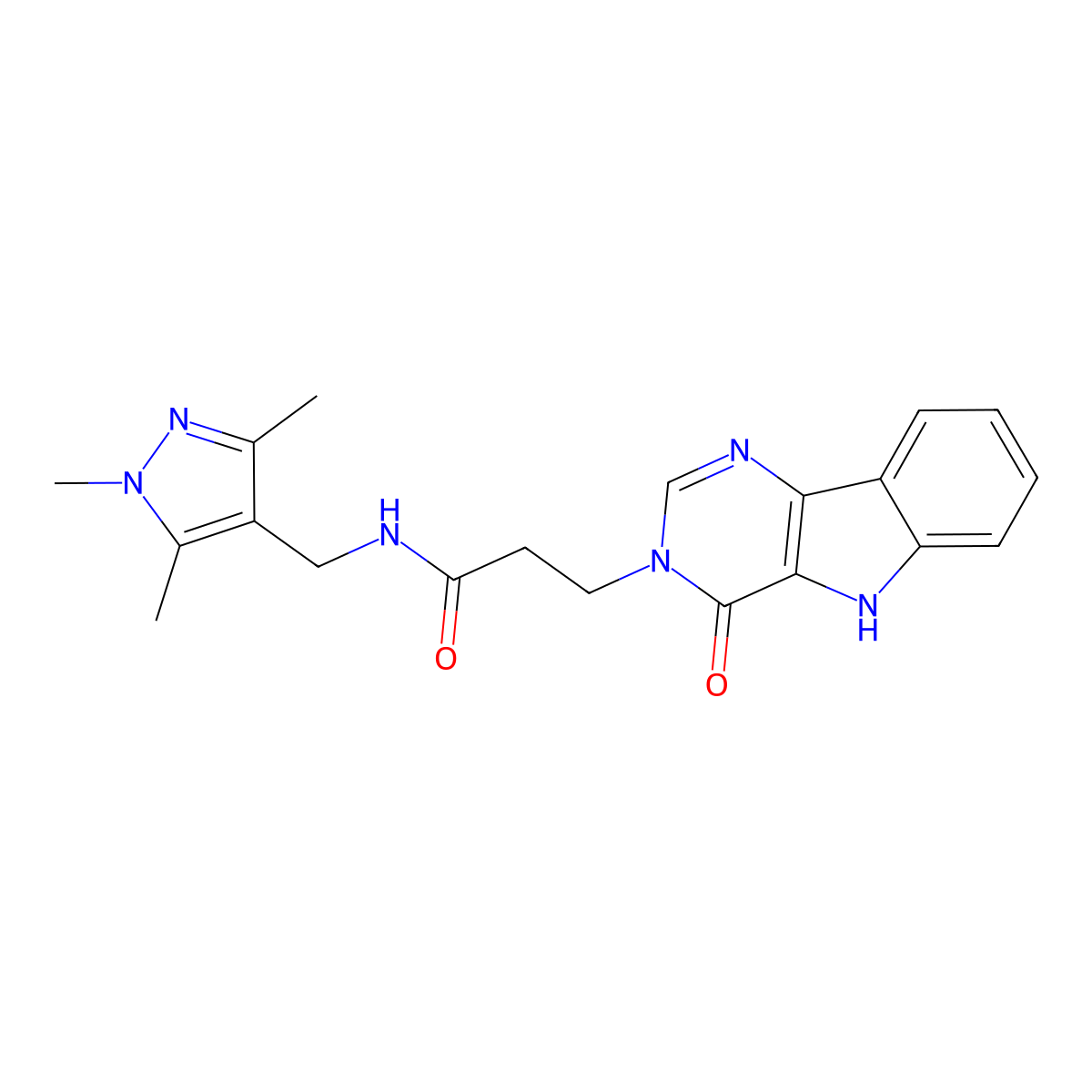 3-(4-oxo-4,5-dihydro-3H-pyrimido[5,4-b]indol-3-yl)-N-((1,3,5-trimethyl-1H-pyrazol-4-yl)methyl)propanamide molecular structure, CAS 1172291-83-6