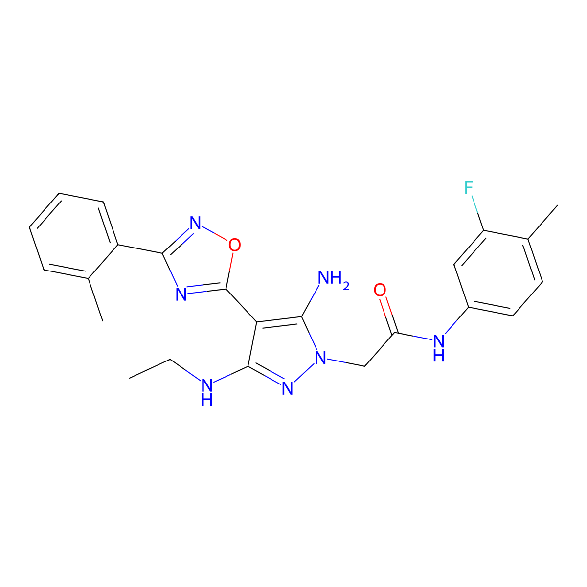 2-(5-amino-3-(ethylamino)-4-(3-(o-tolyl)-1,2,4-oxadiazol-5-yl)-1H-pyrazol-1-yl)-N-(3-fluoro-4-methylphenyl)acetamide molecular structure, CAS 1172292-20-4