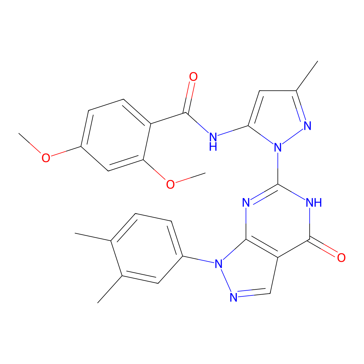 N-(1-(1-(3,4-dimethylphenyl)-4-oxo-4,5-dihydro-1H-pyrazolo[3,4-d]pyrimidin-6-yl)-3-methyl-1H-pyrazol-5-yl)-2,4-dimethoxybenzamide molecular structure, CAS 1172297-49-2