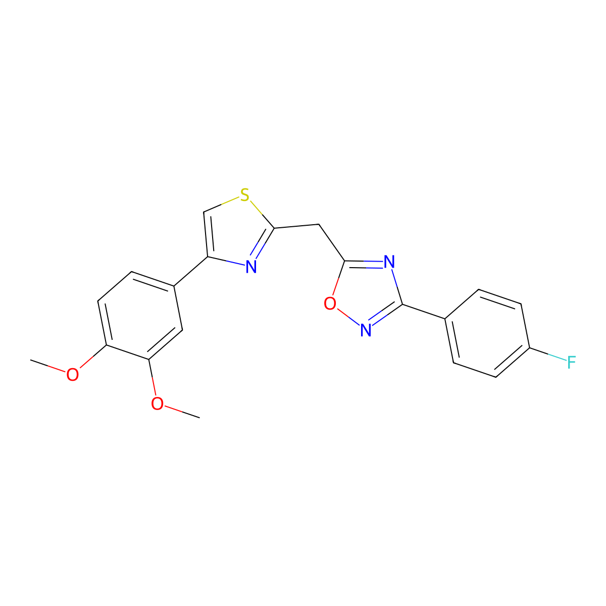 5-((4-(3,4-Dimethoxyphenyl)thiazol-2-yl)methyl)-3-(4-fluorophenyl)-1,2,4-oxadiazole molecular structure, CAS 1172300-09-2
