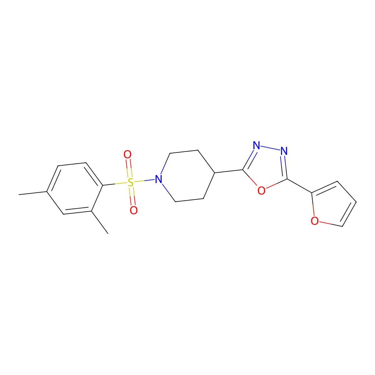 2-(1-((2,4-Dimethylphenyl)sulfonyl)piperidin-4-yl)-5-(furan-2-yl)-1,3,4-oxadiazole molecular structure, CAS 1172300-50-3
