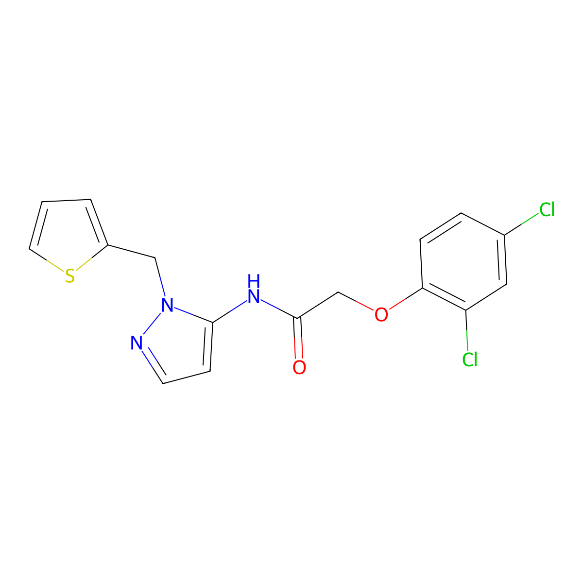 2-(2,4-dichlorophenoxy)-N-[1-(thiophen-2-ylmethyl)-1H-pyrazol-5-yl]acetamide molecular structure, CAS 1172301-63-1