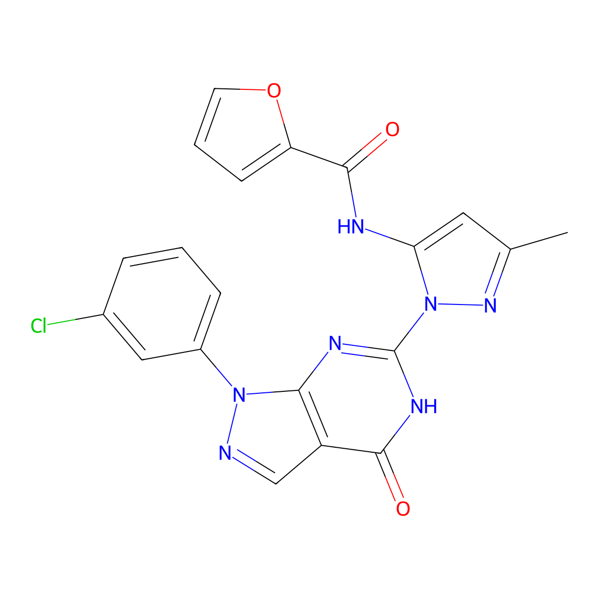 N-(1-(1-(3-chlorophenyl)-4-oxo-4,5-dihydro-1H-pyrazolo[3,4-d]pyrimidin-6-yl)-3-methyl-1H-pyrazol-5-yl)furan-2-carboxamide molecular structure, CAS 1172301-70-0