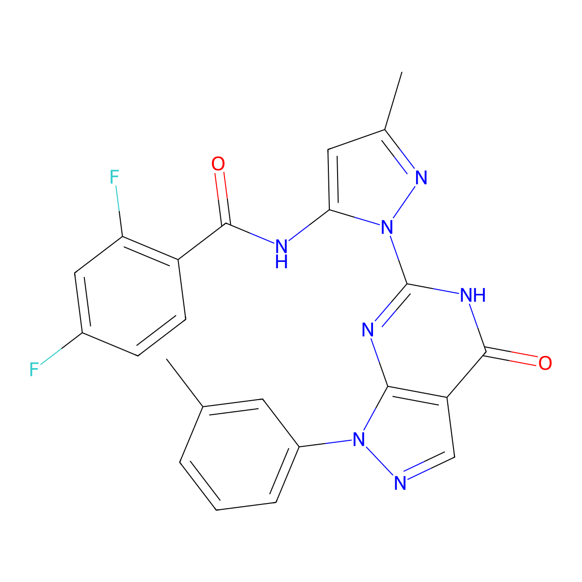 2,4-difluoro-N-(3-methyl-1-(4-oxo-1-(m-tolyl)-4,5-dihydro-1H-pyrazolo[3,4-d]pyrimidin-6-yl)-1H-pyrazol-5-yl)benzamide molecular structure, CAS 1172302-72-5