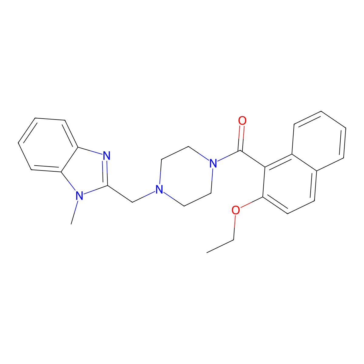 (2-ethoxynaphthalen-1-yl)(4-((1-methyl-1H-benzo[d]imidazol-2-yl)methyl)piperazin-1-yl)methanone molecular structure, CAS 1172303-60-4