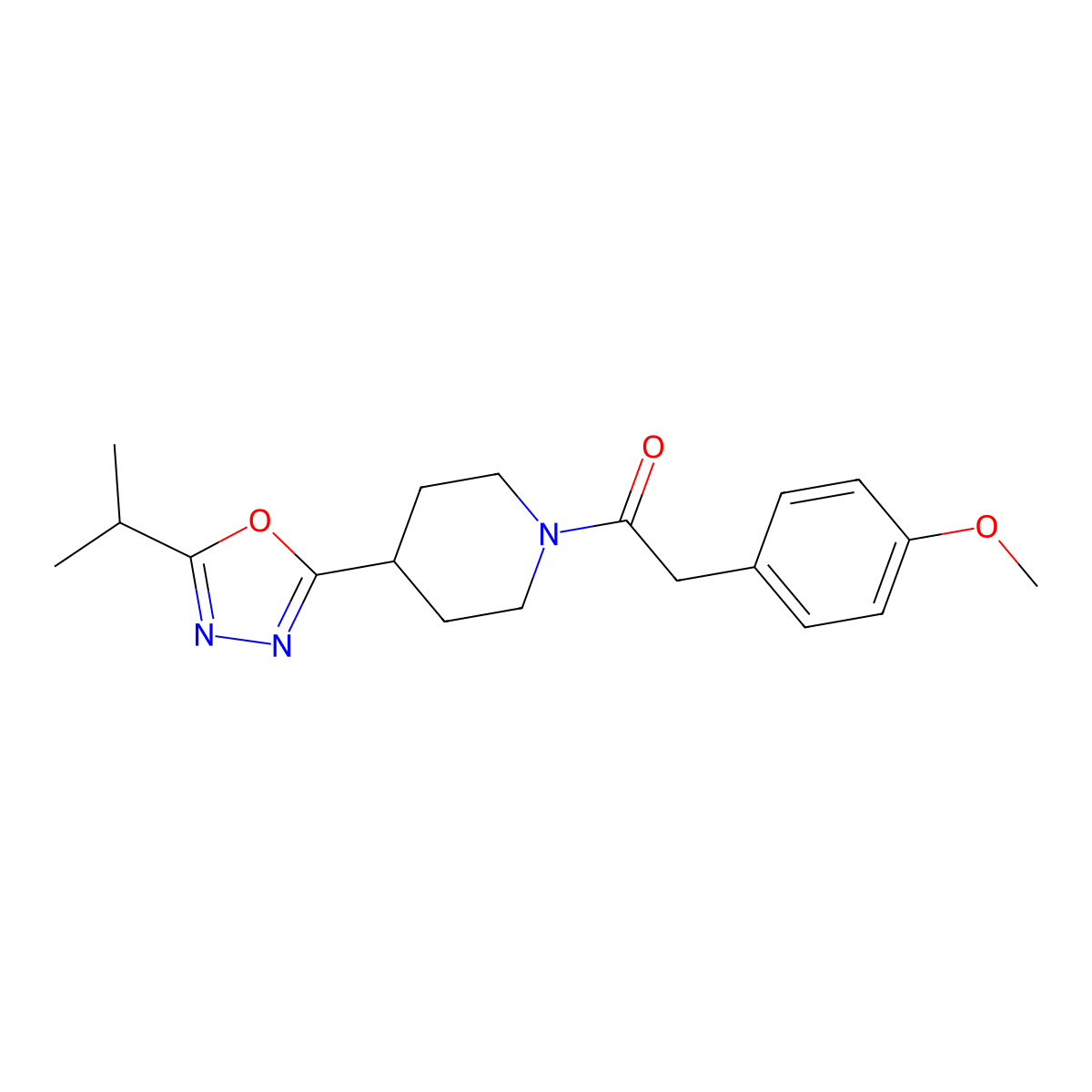1-(4-(5-Isopropyl-1,3,4-oxadiazol-2-yl)piperidin-1-yl)-2-(4-methoxyphenyl)ethanone molecular structure, CAS 1172305-45-1