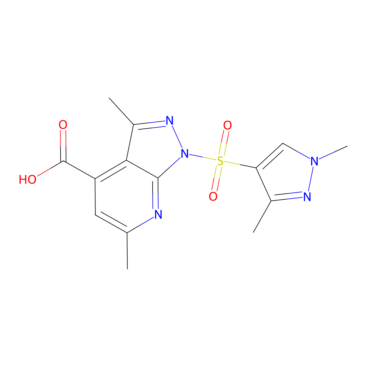 1-((1,3-Dimethyl-1H-pyrazol-4-yl)sulfonyl)-3,6-dimethyl-1H-pyrazolo[3,4-b]pyridine-4-carboxylic acid molecular structure, CAS 1172305-48-4